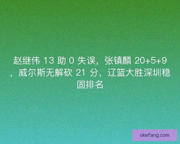 赵继伟 13 助 0 失误，张镇麟 20+5+9，威尔斯无解砍 21 分，辽篮大胜深圳稳固排名